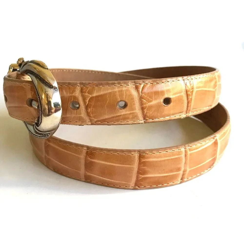 Vtg Coldwater Creek Croc Leather Western Belt Beige Tan Womens Size M L 32-36